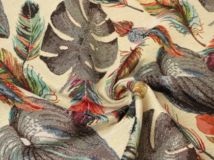 Tkanina GOBELIN beż czerwony monstera