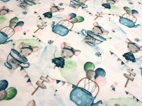 Tkanina FLANELA bawełniana wzór dziecięcy myszki w filiżance