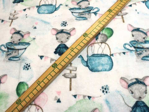 Tkanina FLANELA bawełniana wzór dziecięcy myszki w filiżance