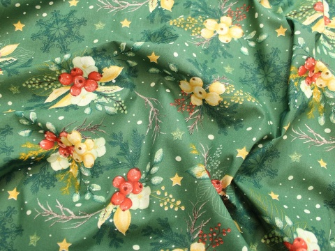 Tkanina bawełniana świąteczna ostrokrzew na zieleni