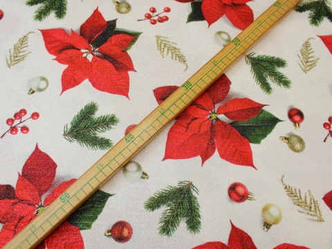 Tkanina obrusowa zasłonowa świąteczna gwiazda betlejemska czerwona błyszcząca