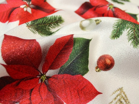 Tkanina obrusowa zasłonowa świąteczna gwiazda betlejemska czerwona błyszcząca