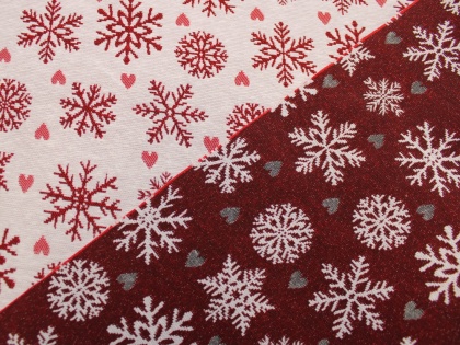 TKANINA GOBELINOWA ŚWIĄTECZNA ŚNIEŻYNKI BORDO